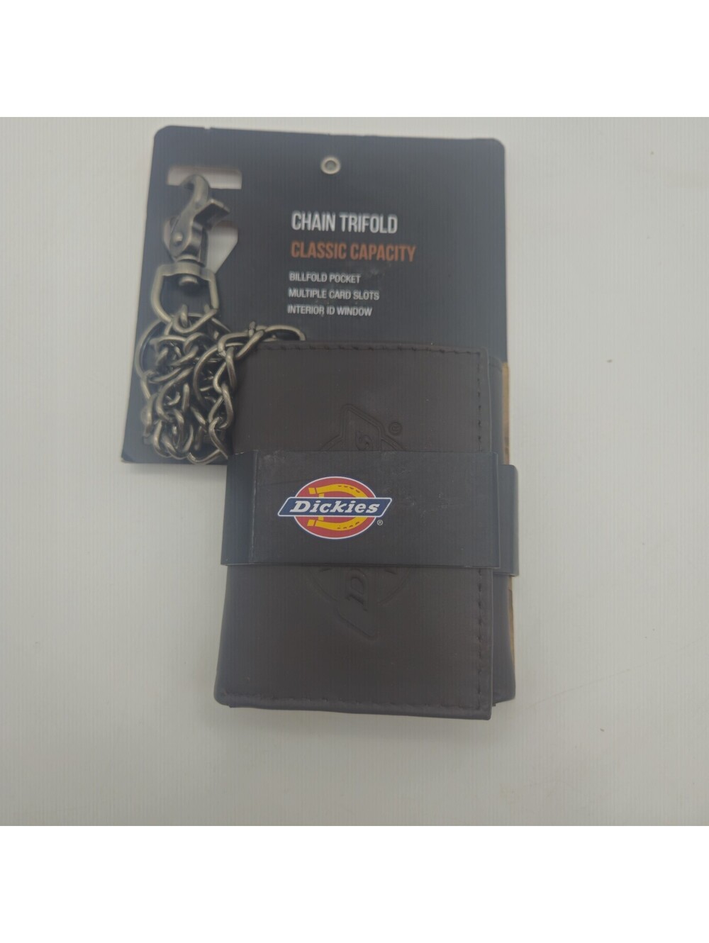 New Dickies Men’s Brown Leather Chain Trifold Wallet Classic Capacity